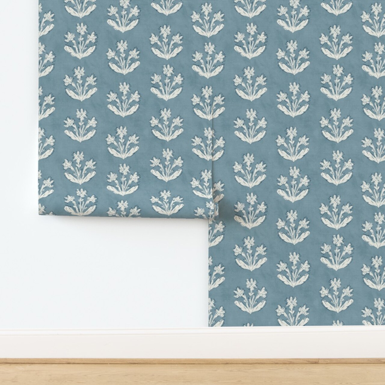Traditional Botanical Block Print Cottagecore Grandmillennial Preppy Wildflowers Blossom Floral Garden Vintage Blue And White Classic Boho Custom Pre-pasted Wallpaper by Spoonflower Pre-Pasted Wallpaper 2FT Wide 15925320